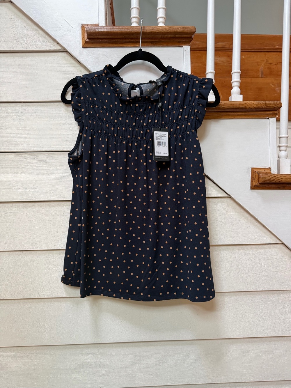 Adrianna Pappell Black Polka Dot Smocked Neck Blouse